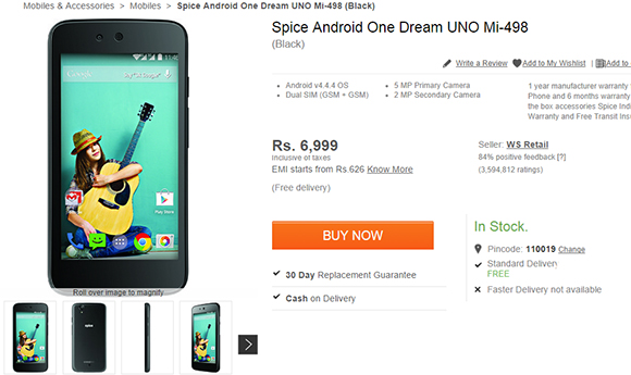 Spice Android One Dream golpea Flipkart antes de su debut