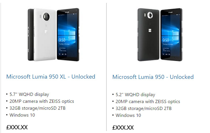 Microsoft Store en Reino Unido enumera Lumia 950 y Lumia 950 XL