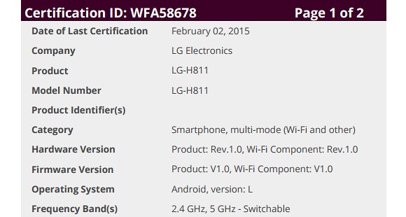 LG H811 - LG G4? - Certificado por la Wi-Fi Alliance