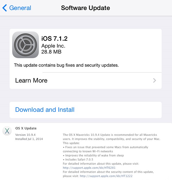 Apple lanza actualizaciones iOS 7.1.2 y OS X 10.9.4