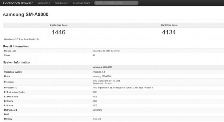 Samsung Galaxy A9 descubierto en GeekBench con Snapdragon 620