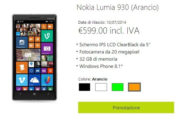 Nokia Lumia 930 sube a pre-orden en Italia